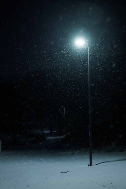 A street scene during nighttime snowy weather showing a tall streetlamp illuminating the snow-covered ground and surrounding area. The light creates a bright glow against the dark sky, with snowflakes visibly falling and accumulating on the pavement. In the background, faint outlines of houses or buildings are partly obscured by darkness and snowfall. The scene depicts a quiet, winter evening likely during a home relocation or moving process, with the environment illuminated solely by the streetlamp. The image emphasizes the outdoor setting and weather conditions typical of a winter move, with snow-covered pathways and minimal outdoor lighting apart from the streetlamp, aligning with the context of moving logistics and landscape conditions at night.